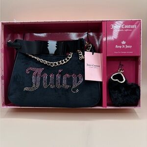 Juicy Couture Black Shoulder Bag with Faux Fur Dangle NWT NIB